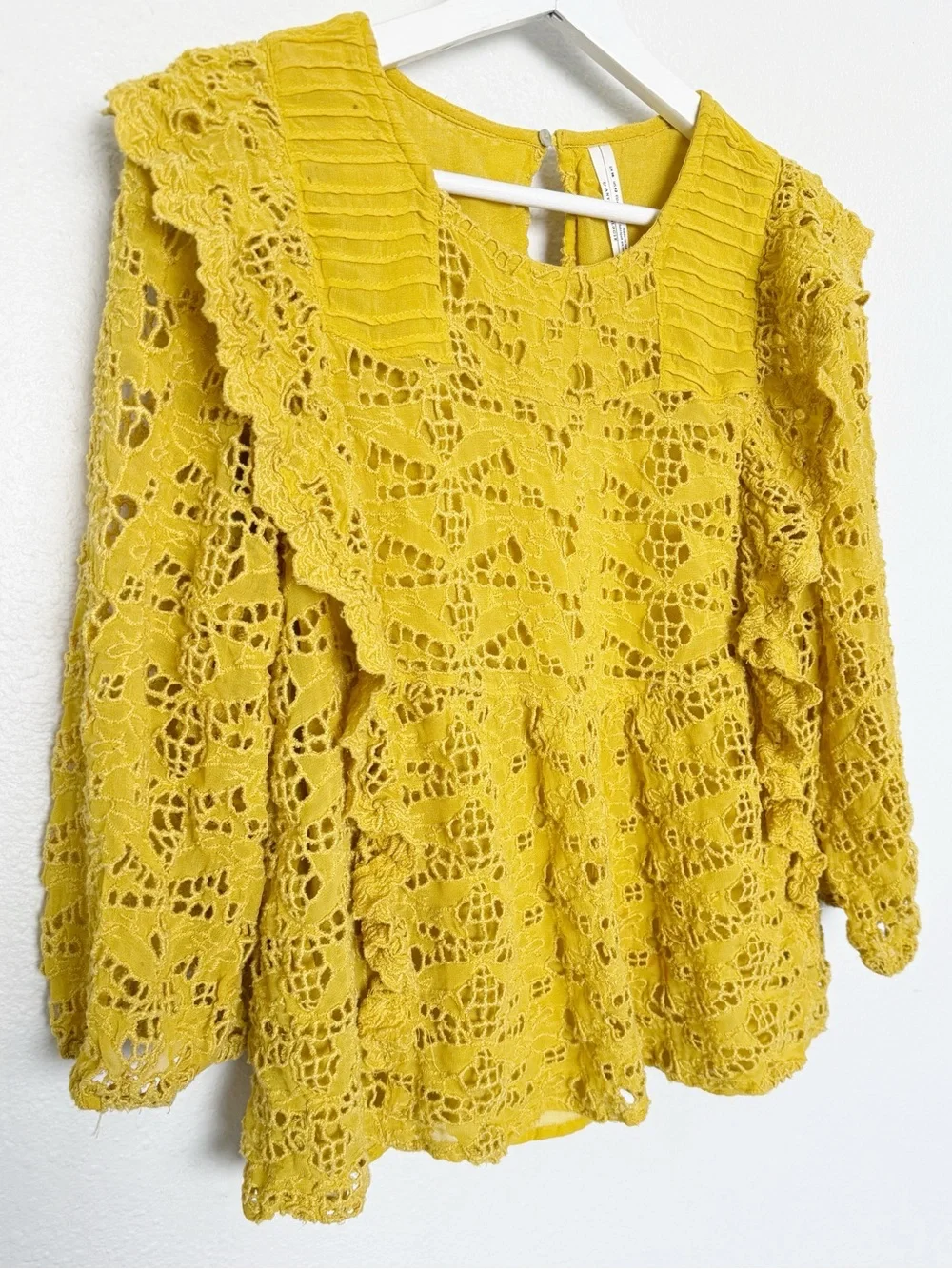 Anthropologie Clementine Eyelet Lace Ruffle Babydoll Blouse Yellow US 12